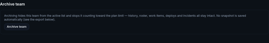 moasy.tech archive team section, explaining that archiving hides a team from the active list and frees its plan slot without deleting any history